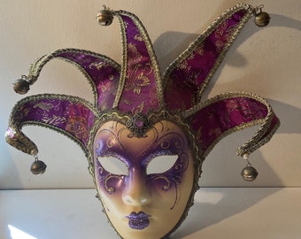 Vintage Venetian Jester Face Mask, Jolly Mask, Joker, Made in Italy, Hand Painted, Venezia, Quality, Purple, Gold Accents, Wall Decor