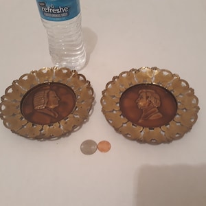 2 Vintage Metal Brass Wall Hanging Plates, Bach, Chopin, Set of Plates, Made in England, 6&quot; Wide, Home Decor, Wall Decor