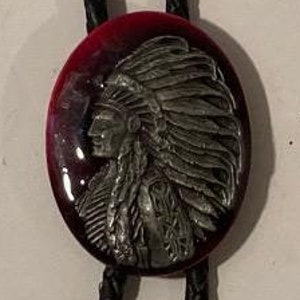 Vintage 1987 Metal Bolo Tie, Nice Native Man Design, Red and Gray, Nice Design, 1 3/4&quot; x 1 1/2&quot;, Quality, Heavy Duty, Made in USA