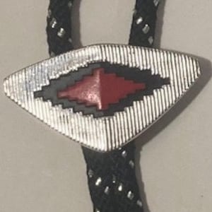 Vintage Metal Bolo Tie, Nice Silver and Red Stone Native Design, Hickok, Nice Western Design, 1 3/4&quot; x 3/4&quot;, Quality, Heavy Duty