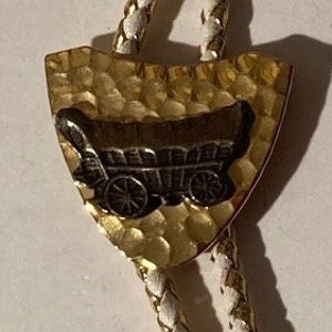 Vintage Metal Bolo Tie, Brass, Wagon, Stagecoach, Chuck Wagon, Nice Western Design, 1 1/4&quot; x 1 1/4&quot;, Quality, Heavy Duty, Made in USA