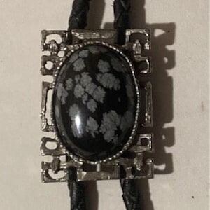 Vintage Metal Bolo Tie, Silver with Nice Black Spreckled Stone Design, Signed,  1 1/4&quot; x 1&quot;, Nice Design, Quality, Heavy Duty, Made in USA