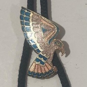 Vintage Metal Bolo Tie, Silver and Blue Turquoise Stones Design, Ethnic Eagle, Roccoco, 2&quot; x 1&quot;, Nice Design, Quality, Heavy Duty, Country