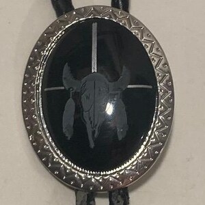 Vintage Metal Bolo Tie, Nice Silver with Black Stone Design, Skull Bull, Cow, Feathers, Nice Design, 2&quot; x 1 1/2&quot;, Quality, Heavy Duty