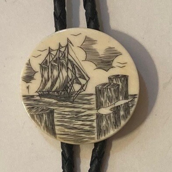Vintage Metal Bolo Tie, Nice Ship, Sailboat, Stone Design, Nice Western Design, 1 1/2" x 1 1/2", Quality, Heavy Duty, Made in USA, Country