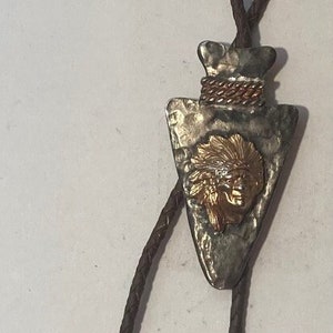 Vintage Metal Bolo Tie, Nice Native Man Design, Arrowhead, Nice Design, 3 1/4&quot; x 1 3/4&quot;, Quality, Heavy Duty, Made in USA