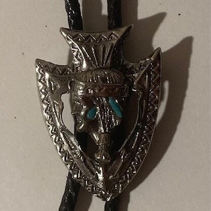 Vintage Metal Bolo Tie, Arrowhead with Blue Stones, Native Person Design, 2&quot; x 1 1/2&quot;, Nice Western Design, Quality, Heavy Duty