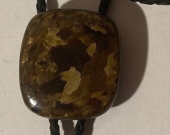 Può includere: Un cravattino bolo marrone e oro con un cordoncino in pelle nera intrecciato.