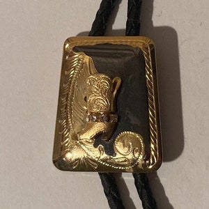 Vintage Metal Bolo Tie, Brass and Black Enamel, Cowboy Boot, Crystal Stones, Nice Design, 1 1/2&quot; x 1 1/4&quot;, Quality, Heavy Duty, Made in USA