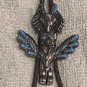 Vintage Metal Bolo Tie, Nice Silver and Blue Stones Design, Native, Man, Todem Pole, Eagle, Bird, Nice Western Design, 3&quot; x 2 1/4&quot;, Quality