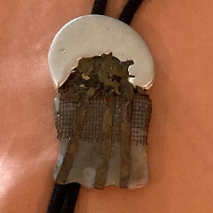 Vintage Metal Bolo Tie, Nice Pewter and Stone Design, Signed, Native Design, Nice Design, 3&quot; x 2&quot;, Quality, Heavy Duty