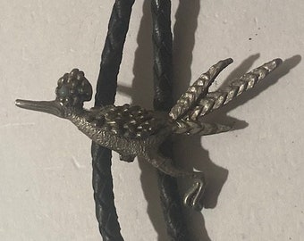 Vintage Metal Bolo Tie, Pewter, Roadrunner Bird, Beep Beep, Nice Western Design, 2&quot; x 1 1/4&quot;, Quality, Heavy Duty, Made in USA, Country