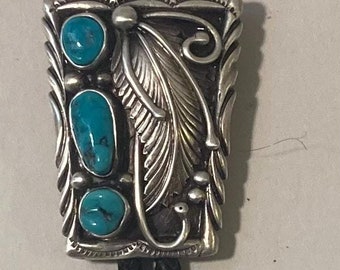 Vintage Metal Bolo Tie, Nice Silver and 3 Blue Turquoise Stones Design, Nice Western Design, 1 3/4&quot; x 1 1/4&quot;, Quality, Heavy Duty, Country
