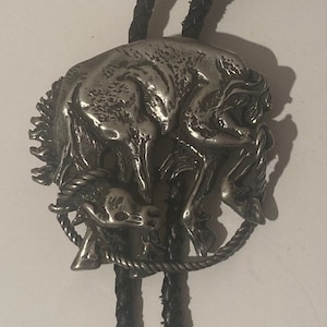 Vintage Metal Bolo Tie, Silver Horse, Bronco, Rodeo, Nice Design, Stamped Leo on the Back, 2 1/4&quot; x 2&quot;, Nice Design, Quality, Heavy Duty