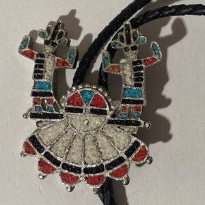 Vintage Metal Bolo Tie, Silver with Nice Crushed Jewels Design, Native Design, Nice Western Design, 2 1/2&quot; x 2&quot;, Quality, Heavy Duty