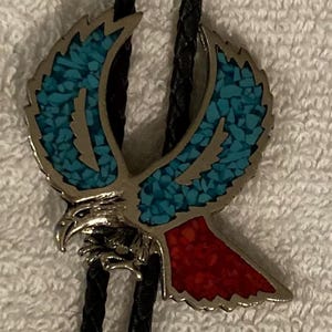 Vintage Metal Bolo Tie, Nice Silver and Crushed Turquoise Stone Design, American Bald Eagle, Native, Nice Western Design