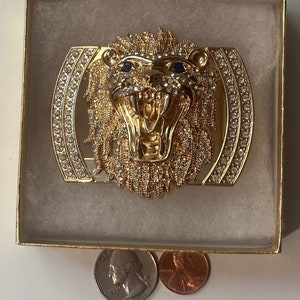 Vintage Metal Belt Buckle, Brass, Lions Head, Crystal Stones, Blue Eyes, Nice Western Design, Cowboy, 3&quot; x 2 1/4&quot;, Heavy Duty, Made in USA
