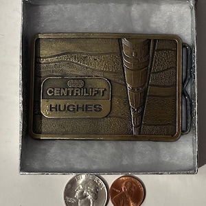 Vintage Metal Brass Belt Buckle, Centrilift Hughes, Drilling, Quality, Heavy Duty, Fashion, Belts, Fun, Made in USA, Free Shipping