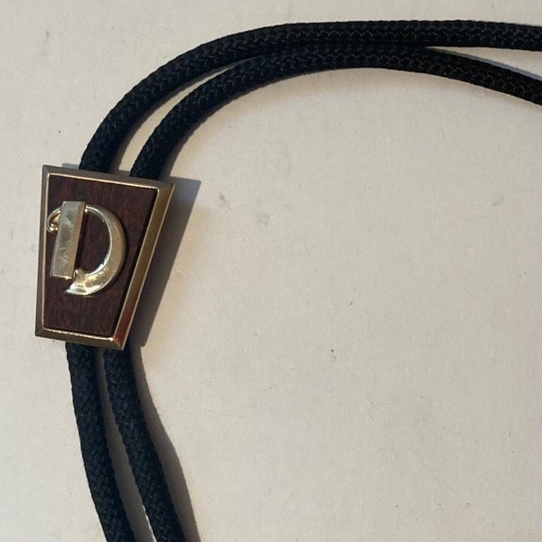 Vintage Metal Bolo Tie, Letter D, Initial D, Brass and Wood, Nice Western Design, Quality, Heavy Duty, Made in USA, Country & Western