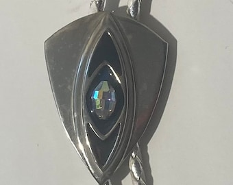 Vintage Metal Bolo Tie, Silver with Nice Sparkly Crystal Stone Design,, Handcrafted, Very Heavy, Nice Western