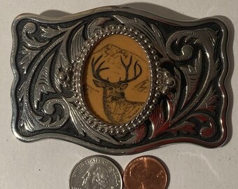 Vintage Metal Belt Buckle, Buck, Deer, Hunting, Nature, Wildlife, Nice Stone, Nice Western Style Design, 3 1/2" x 2 1/2", Heavy Duty