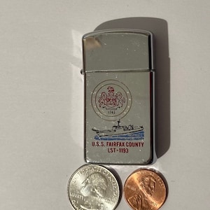 Vintage Metal Zippo Lighter, Slim, U.S.S. Fairfax County LST-1193, Navy, Command Lighter, Tank Landing Ship, Zippo, Made in USA, Cigarettes