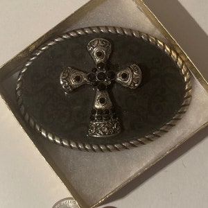 Vintage Metal Belt Buckle, Cross, Crucifix, Gothic, Enamel, Western Design, Cowboy, 3 3/4&quot; x 2 3/4&quot;, Heavy Duty, Made in USA, Quality