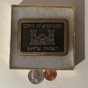 Vintage Metal Belt Buckle, Corps of Engineers, Seattle District, Bronze, 3&quot;, x 2&quot;, Quality, Made in USA, Country and Western, Heavy Duty