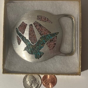 Vintage Metal Belt Buckle, Mosaic, Dove, Eagle, Bird, Turquoise, Coral, Indiana Metal Craft, Nice Western Style Design