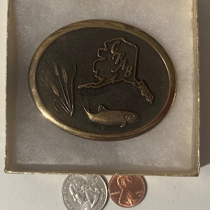 Vintage 1980 Metal Belt Buckle, Alaska, Fishing, Salmon, Anchorage, Western Design, Cowboy, 3&quot; x 2 1/4&quot;, Heavy Duty, Made in USA, Quality