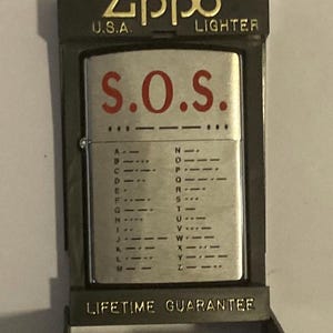 Vintage Metal Zippo Lighter, S.O.S. Help, Morse Code, Secrets 