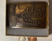Vintage Metal Belt Buckle, I Love Country Music, 3 1 2 quot x 2 1 4 quot , Heavy Duty, Quality, Thick Metal, Made in USA, For Belts, Fashion