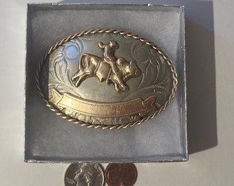 Vintage Metal Belt Buckle, Cowboy Style, Bull Riding, Silver and Brass, Heavy Duty, Quality, Thick Metal, For Belts, Fashion, Shelf Display