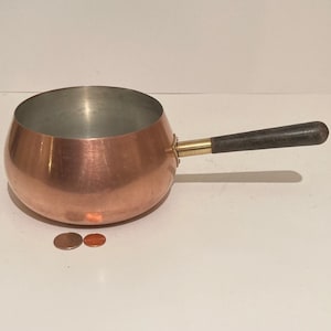 Vintage Copper Metal Cooking Pot with Wooden Handle, 11&quot; Long, and 6&quot; x 3 1/2&quot; Pot Size, Kitchen Decor, Shelf Display, Cooking
