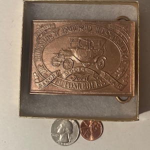 Vintage Metal Belt Buckle, Solid Brass, Henry Ford, Detroit Automobiles, Cars, Nice Western Style Design, 3&quot; 1/4&quot; x 3 1/4&quot;, Heavy Duty