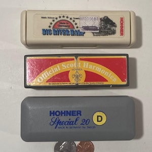 Vintage Lot of 3 Metal Harmonicas, Harmonica, Music Instruments, Hohner Special 20, Made in Germany, Boy Scout Harmonica