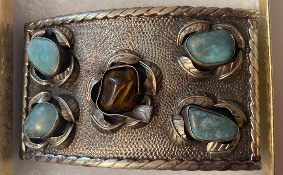 Vintage Metal Belt Buckle, Alpaca Silver and Turquoise Stone  display picture 2