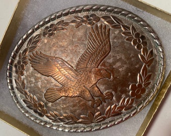 Vintage Metal Belt Buckle, Copper Bald Eagle, Nice Design, 3 3/4" x 2 3/4", Heavy Duty, Quality, Thick Metal, Made in USA, For Belts