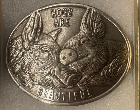 Vintage Metal Belt Buckle, Hogs Are Beautiful, Fa… - image 2