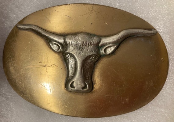 Vintage Metal Belt Buckle, Brass, Longhorn, Bull,… - image 1