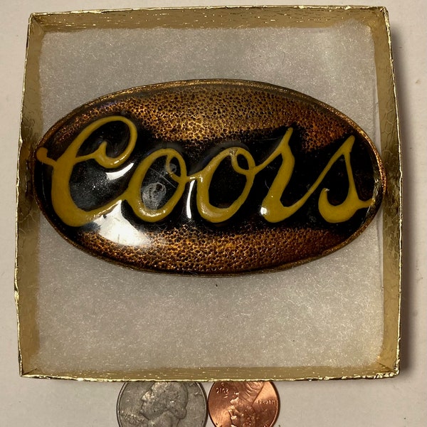 Vintage Metal Belt Buckle, Brass, Coors, Beer, Adolf Coors, Thick Enamel, Nice Design, 3 1/2" x 2", Heavy Duty, Quality, Thick Metal