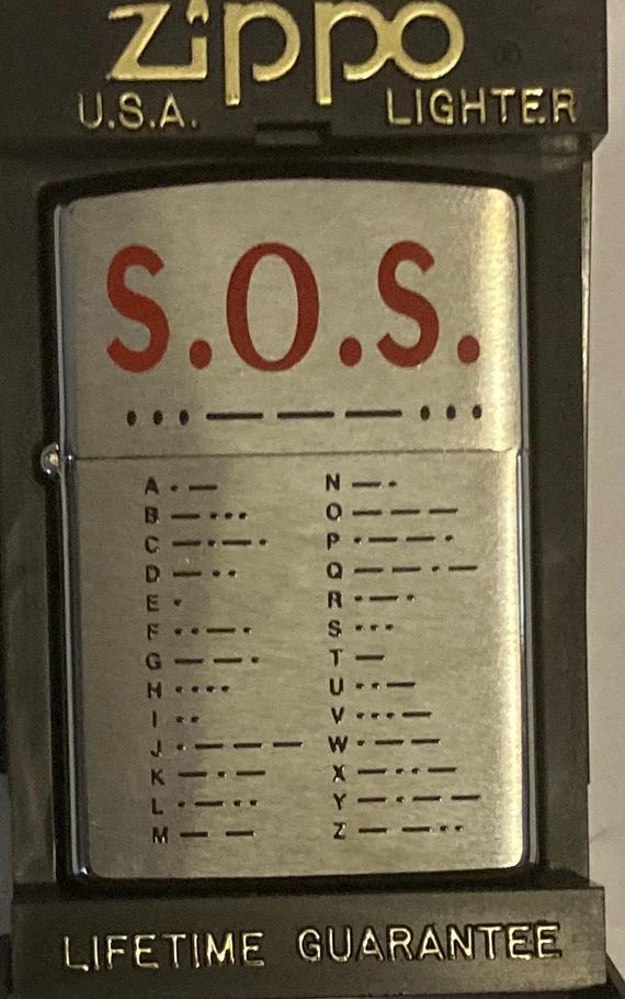 Vintage Metal Zippo Lighter, S.O.S. Help, Morse Code
