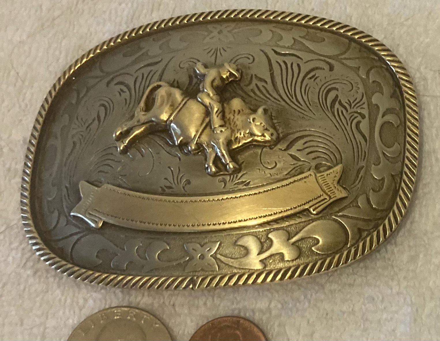 Vintage Metal Belt Buckle, German Silver, Cowboy, Bull 