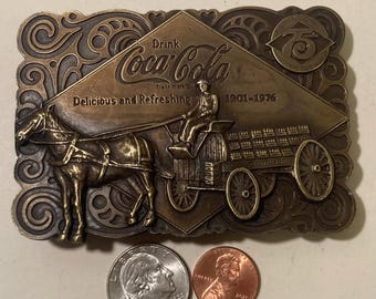 Vintage 1975 Metal Belt Buckle, Brass, Coca Cola, Coke, Soda Pop