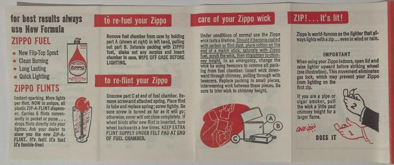 May include: A folded paper instruction sheet for Zippo lighters. The sheet is white with red text and illustrations. It provides instructions for refueling, re-flinting, and wick care, along with a section on the lighter's features.