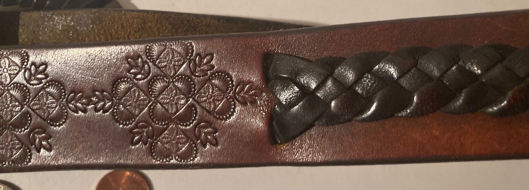 View of Vintage Leather Heavy Duty Belt, Brown Hand Finished Leather, Braided ...