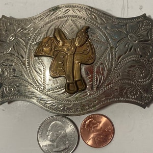 Vintage Metal Belt Buckle, Nickel Silver and Brass, Horse Saddle, Cowboy, Nice Western Design, 3 3/4&quot; x 2 1/2&quot;, Heavy Duty, Quality