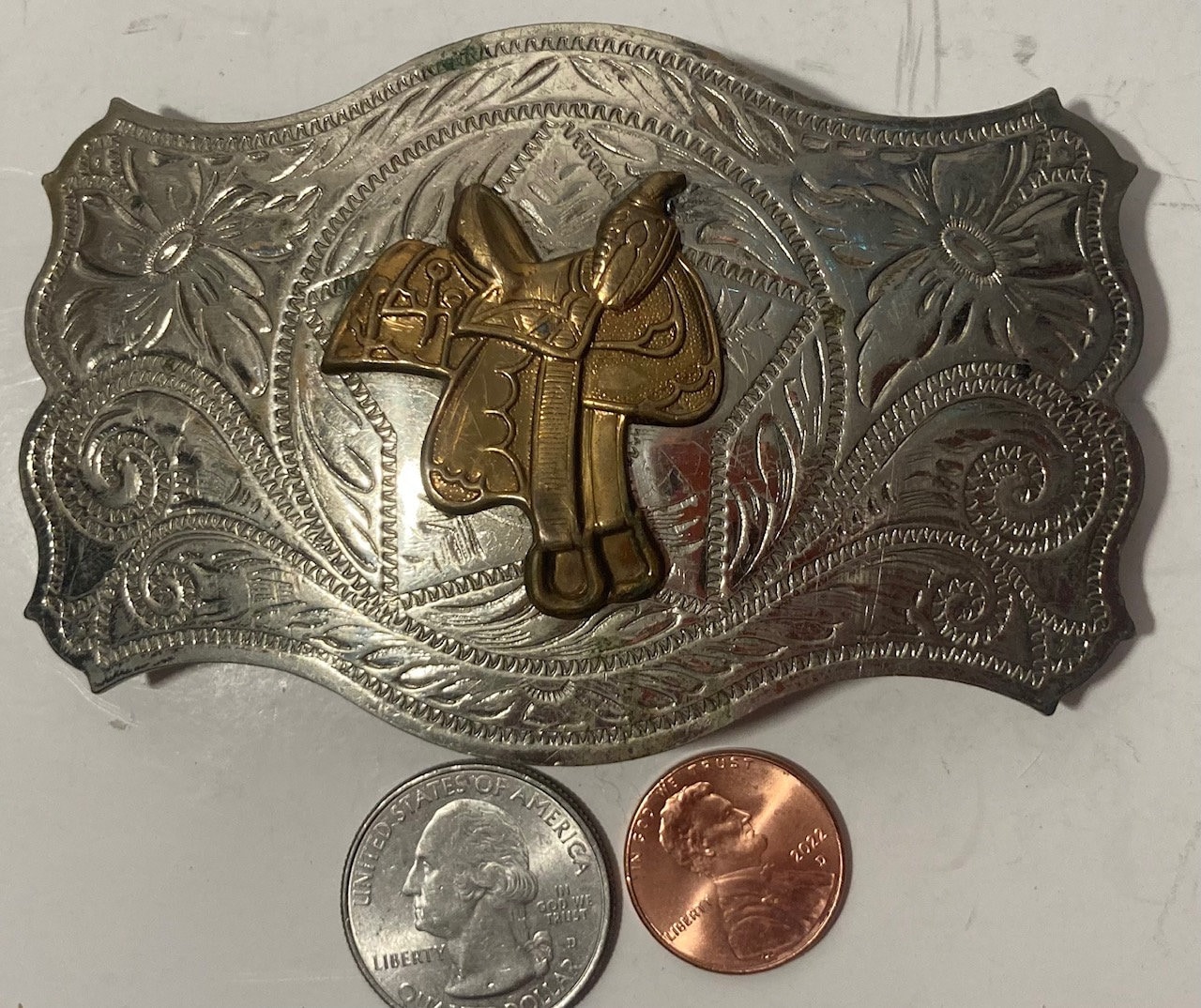 Vtg Nickle Silver Custom Made Emerald And Brass Front Bullriding Belt Buckle il_fullxfull.5627052510_noh4.jpg main image 3