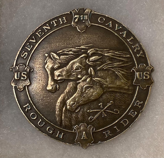 Vintage Metal Belt Buckle, Brass, Rough Riders, Seventh Calvary