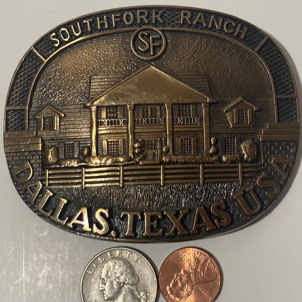 Vintage 1985 Metal Belt Buckle, Southfork Ranch, TV Show Dallas, Texas, Loramar Productions, Larry Hagman, J.R. Ewing, The Greatest TV Show